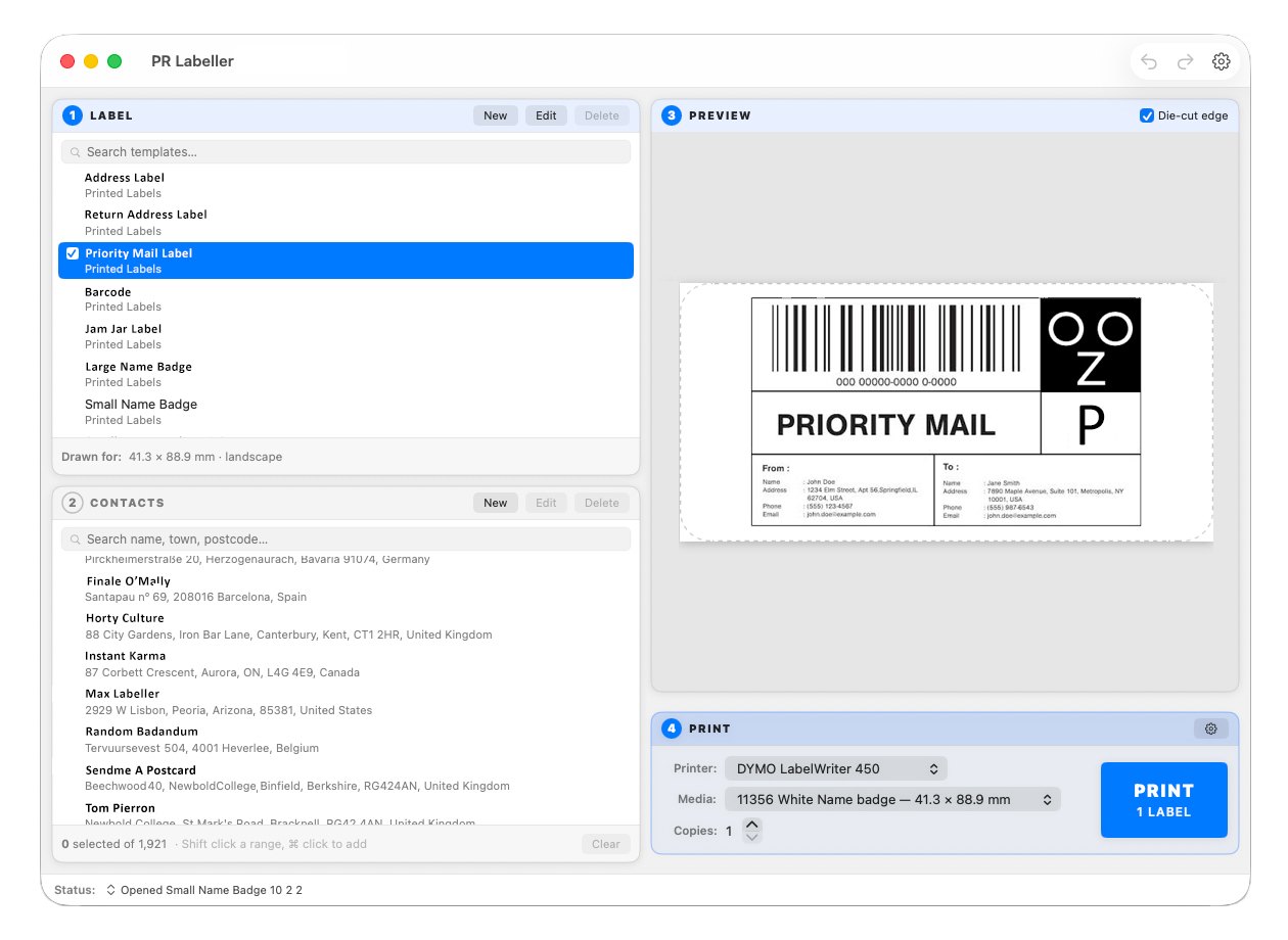 The PR Labeller window: a list of labels, a list of contacts, a
            preview of a Priority Mail label with a barcode, and the print
            controls showing the printer, the stock size and the number of
            copies.